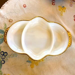 Vintage Anchor Hocking Fire-King Milk Glass Divided Relish Dish w/Gold. 11.5"